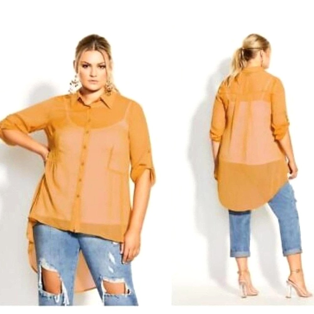 City Chic Tunic Womens 18 Gold High-Low Sheer Roll-Tab Sleeve Boho Minimalist